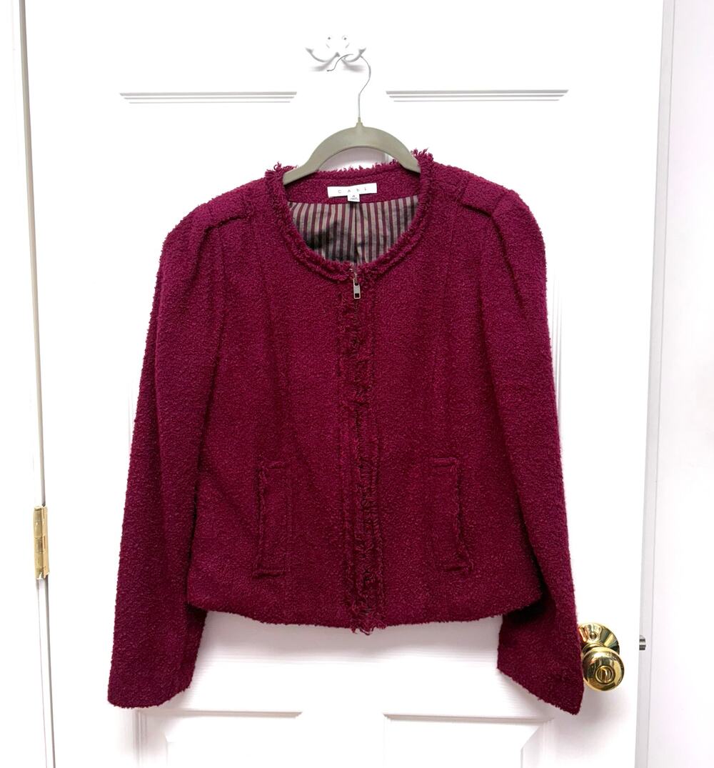 Cabi Blazer Cropped Bouclé Jacket, Burgundy Jacket, Fringe Trim, Women's Size 4